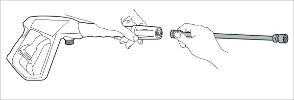 An illustration of one hand holding the pressure washer gun and one hand holding the spray wand, showing how to attach the two items.