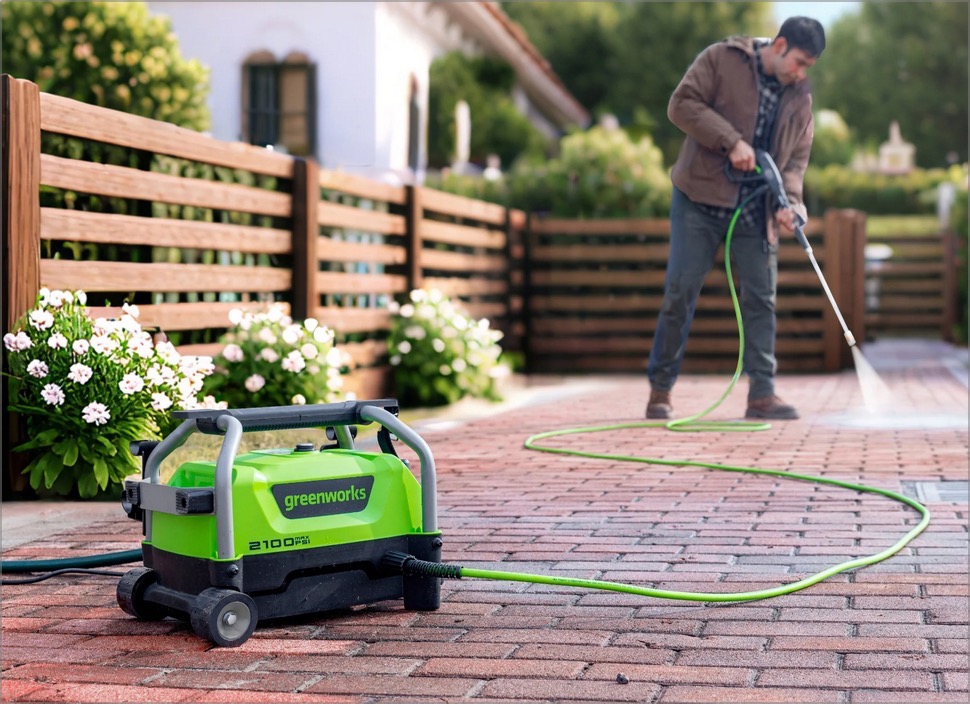 A photograph of someone using a Greenworks pressure washer on a brick surface.