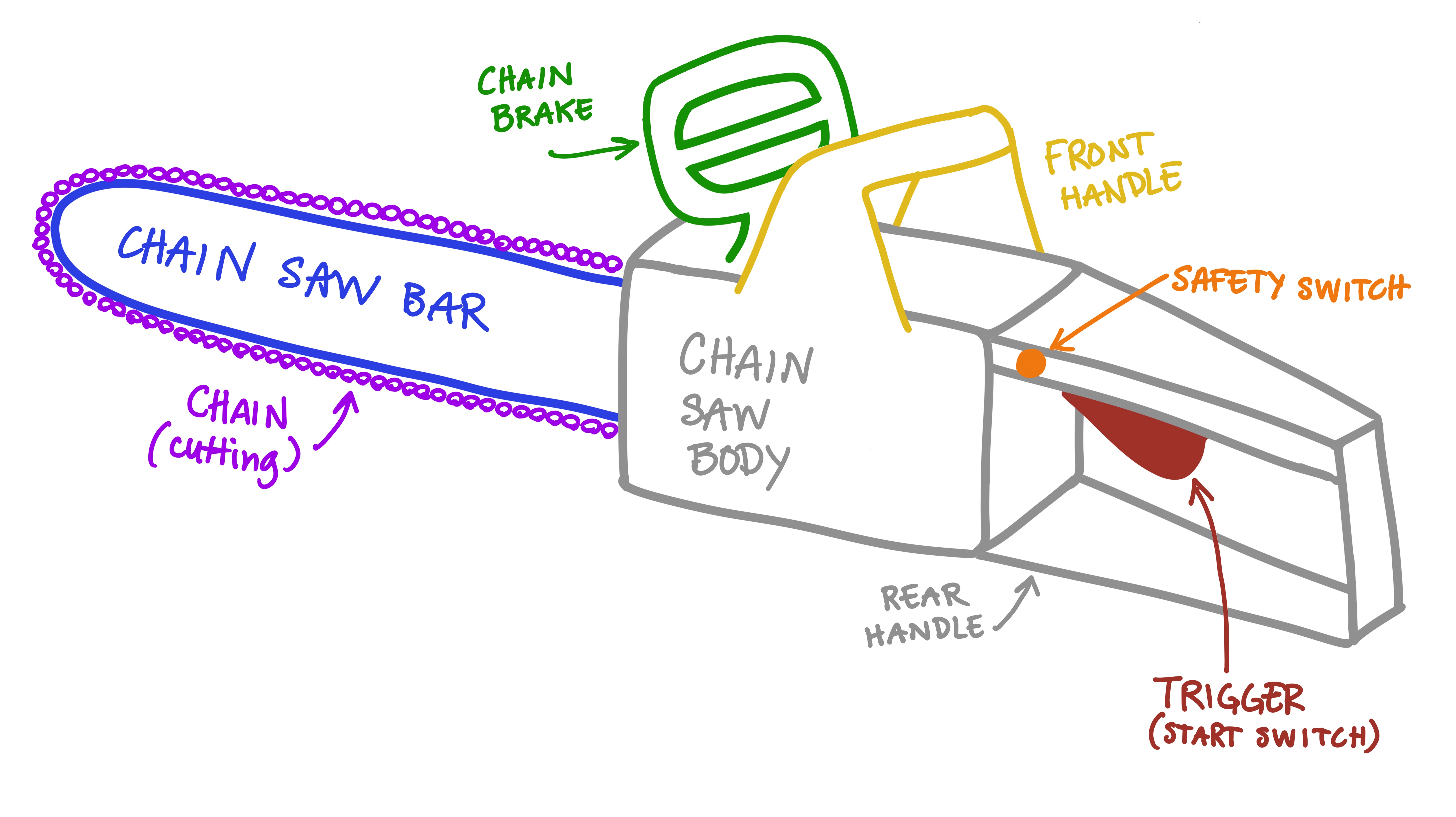 A simple diagram showing the parts of a generic chain saw